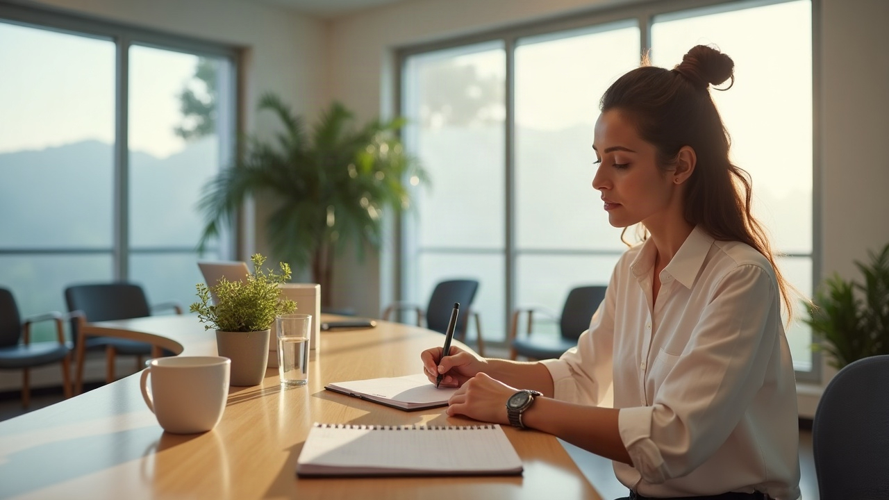Recepcionista de clínica atendendo ao telefone e anotando um horário de avaliação na agenda, em uma recepção iluminada com plantas e cadeiras de espera.