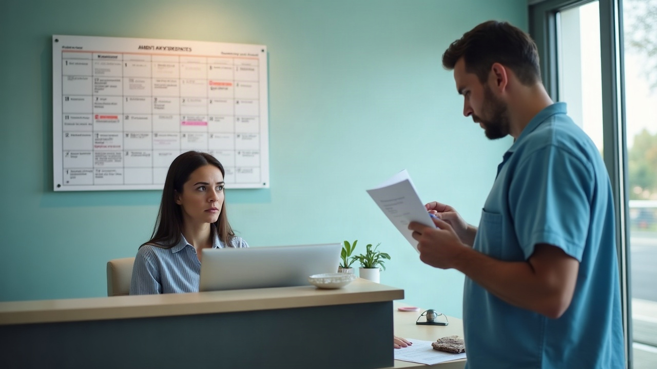 Recepcionista da clínica observando agenda vazia com horários sem pacientes, escritório com relatório de faltas financeiras