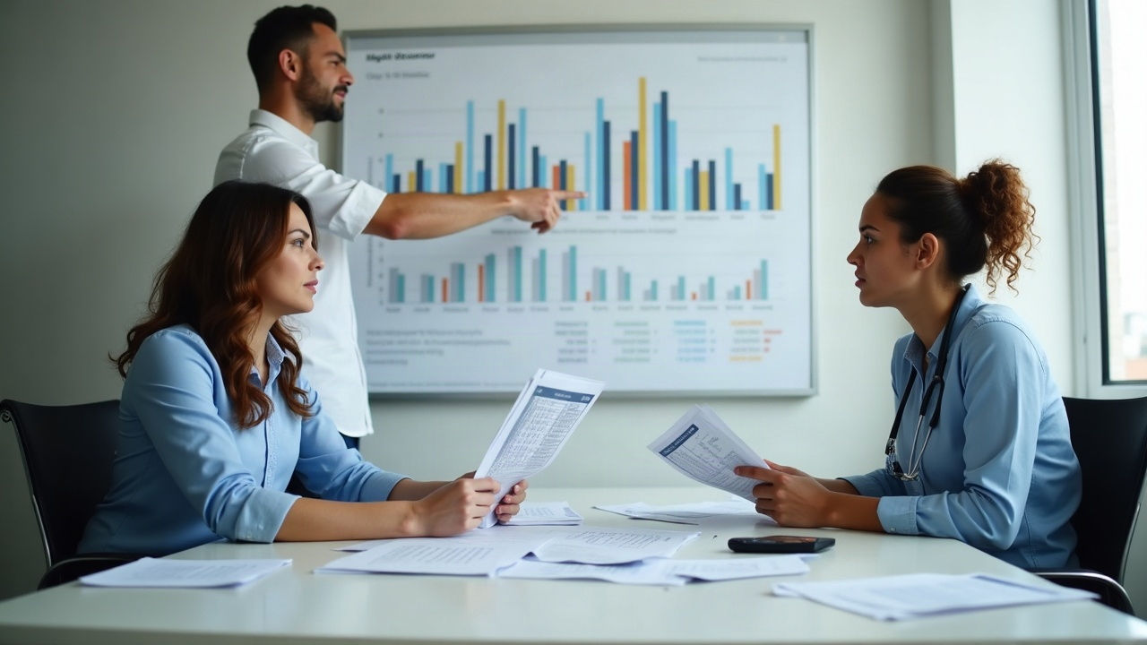 Recepcionista de clínica revisando orçamentos impressos enquanto gerente aponta para gráfico de oportunidades perdidas na parede