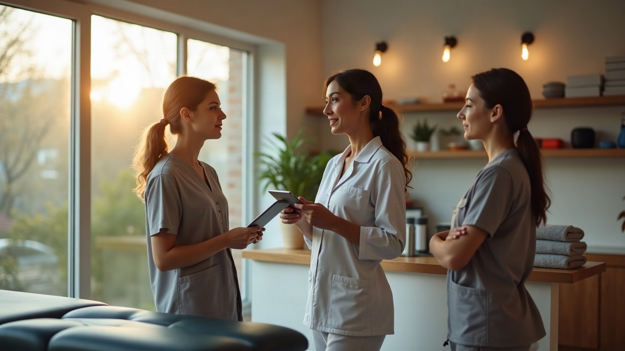 Dona de clínica de fisioterapia ouvindo uma assistente que espera sua decisão, enquanto outra colega aguarda no balcão da recepção.
