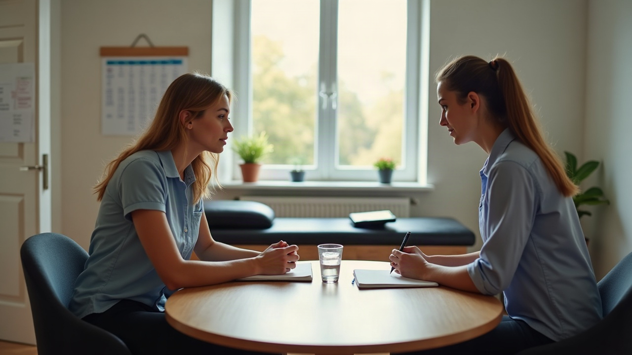 Gerente e funcionária sentadas em uma sala de atendimento de clínica, em uma conversa séria e tranquila, com cadernos fechados sobre a mesa.